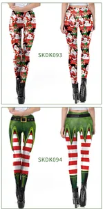 Detailed views of 3D Christmas print leggings with Santa and elf festive patterns