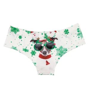 Women's Christmas panties featuring a festive dog digital print and green snowflakes
