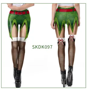 Detail of Christmas elf 3D print leggings showing vibrant green and red festive patterns