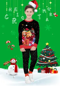Detail view of children's Christmas pajamas with cartoon cat 3D print and red cuffs