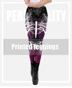 Detail of high-waisted yoga leggings with purple mandala and dead tree print