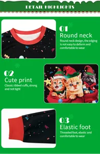 Detail view of the round neck, cute cat print, and elastic cuffs on the Christmas tracksuit