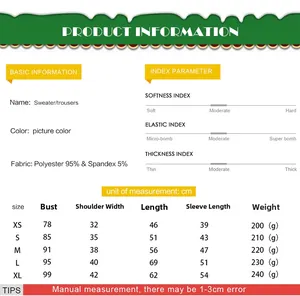 Detailed size guide for kids' Christmas sweatshirt and pants set with measurements