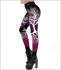 Detail of 3D tree of life print on high waisted purple gradient yoga leggings