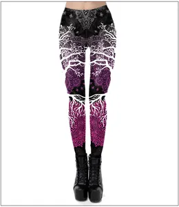 Detail of high waist yoga leggings with 3D mandala print and purple tree pattern