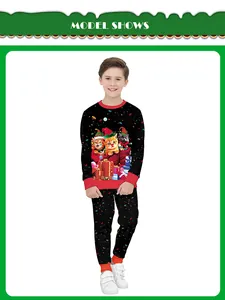 Detail of Christmas kids pajama set featuring cartoon cats and festive confetti print