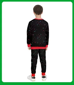 Back view of kids' Christmas loungewear set featuring colorful confetti print and red ribbed cuffs