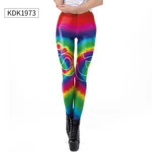 Front view of women's rainbow tie-dye leggings with bold graphic letter printing