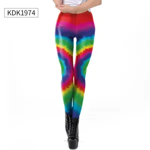 Close-up detail of high-waist yoga leggings featuring a 3D rainbow tie-dye gradient pattern