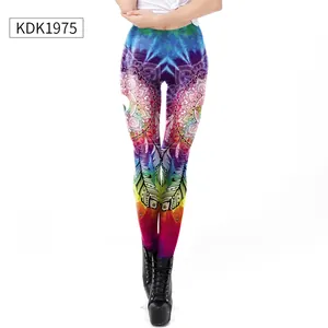 Close-up of colorful 3D digital mandala print and high-stretch fabric on yoga leggings