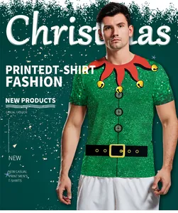 Detail of 3D digital elf costume print with golden bells on green Christmas T-shirt