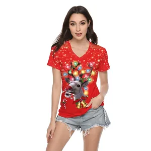 Women Christmas Reindeer Graphic Red T-Shirt V Neck Short Sleeve Digital Print Loose Festive Holiday Tee Top