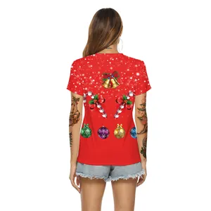 Women's red V-neck Christmas T-shirt featuring reindeer and holiday ornaments print