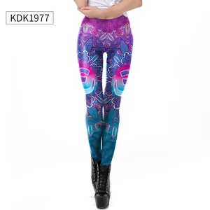 Detail of high-waisted yoga leggings with intricate blue and purple mandala digital print