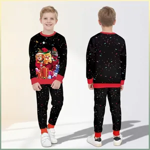 Kids Christmas Graphic Cartoon Cat Print Sweatshirt And Pants Casual Festive Clothing Outfit For Boys Girls