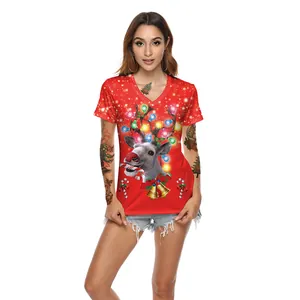 Women's V-neck red T-shirt with Christmas reindeer print and festive snowflake design