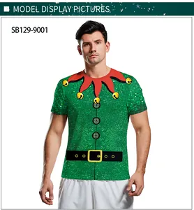 Detail of Christmas elf costume print on a green short sleeve t-shirt with bell graphics