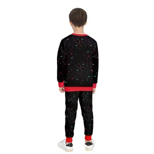 Kids long sleeve pajama set with colorful confetti print and red ribbed cuffs back view