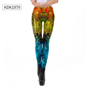 Detail of high-waisted yoga leggings with colorful 3D mandala gradient print