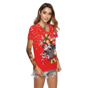 Women's V-neck red T-shirt with Christmas reindeer digital print and short sleeves