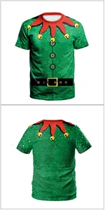 Front and back view of a green 3D Christmas elf T-shirt with belt and button prints