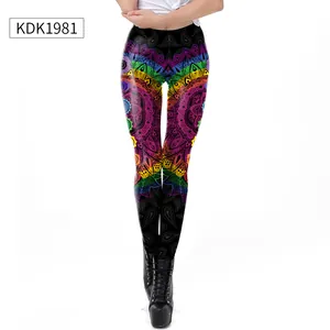 Detailed macro view of colorful 3D mandala digital print on black yoga leggings fabric