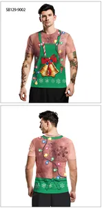 Detail of 3D digital printed Christmas bells and festive lights on a short sleeve T-shirt