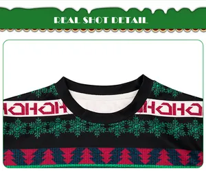 Detalle de la sudadera con patrón de Papá Noel con copos de nieve y árboles de Navidad