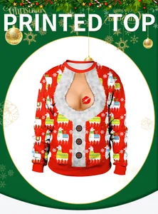 Detail of 3D digital printed sweatshirt showing festive llama pattern and chest graphic