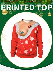 Detail of red Christmas sweatshirt with funny digital printing and snowflake pattern
