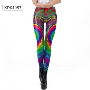 Detail of 3D mandala print leggings showing colorful bohemian patterns and high waist fit