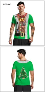Front and back views of 3D digital Christmas bell printed T-shirt with festive lights