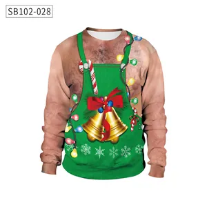 Detail of 3D hairy chest digital print on funny Christmas crewneck sweatshirt