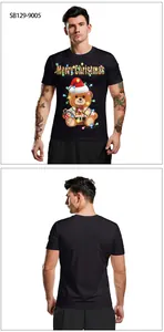 Detailed front and back views of black Christmas T-shirt featuring a festive teddy bear print