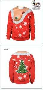 Detailed back view of Christmas sweatshirt with festive tree and snowflake digital print