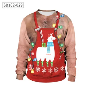 Detailed macro view of 3D funny hairy chest print on a long sleeve Christmas sweatshirt