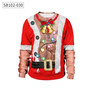 Macro detail of 3D digital print showing chest hair and reindeer on Christmas sweatshirt