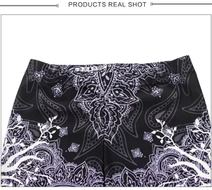 Detail of 3D paisley printed leggings showing material tag 88% Polyester 12% Spandex