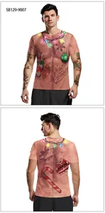 Front and back view of 3D Christmas graphic tee with hairy chest print and festive icons