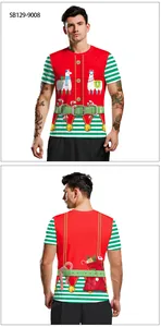 Detail of 3D Christmas bell print on red short-sleeve T-shirt front and back