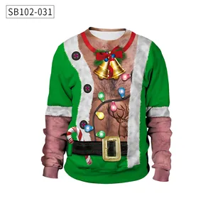 Detail of funny 3D hairy chest digital print on a green Christmas sweatshirt