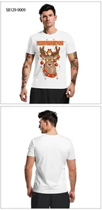 Front and back view of a white Christmas T-shirt featuring a cartoon reindeer graphic