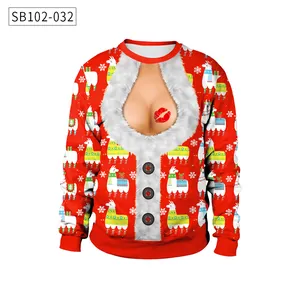 Detail of red 3D digital printed sweatshirt with funny hairy chest and alpaca patterns