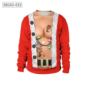 Detail of 3D digital printed male chest pattern on funny ugly Christmas sweatshirt