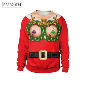 Detail of Christmas sweatshirt with reindeer graphic and printed holiday belt design