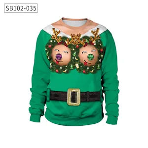 Close-up of 3D funny Christmas prints with reindeer wreaths and buckle on green sweater