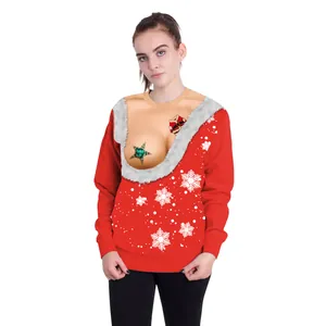 Funny Christmas sweatshirt with digital snowflake print and 3D breast gag design