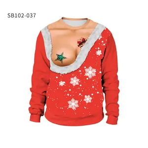 Detailed view of ugly Christmas sweatshirt with funny 3D chest print and snowflake patterns