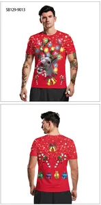 Detail of 3D Christmas reindeer and bells print on red short-sleeve festive T-shirt