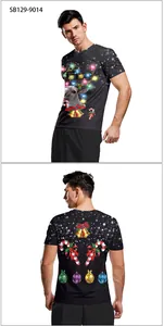 Front and back detail of 3D Christmas bell print on a black short sleeve T-shirt